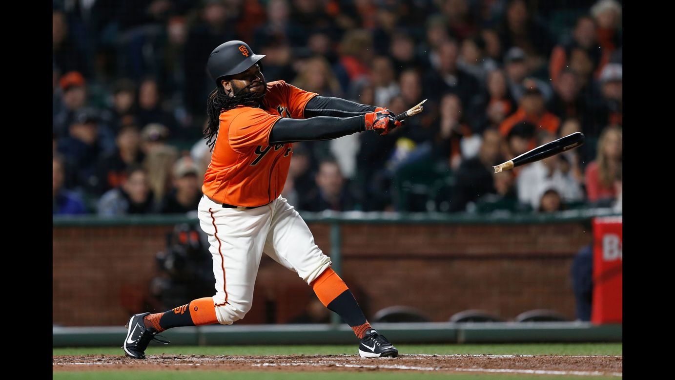 Johnny Cueto of San Francisco breaks his bat during a home game against Colorado on Friday, April 14. San Francisco won 8-2.