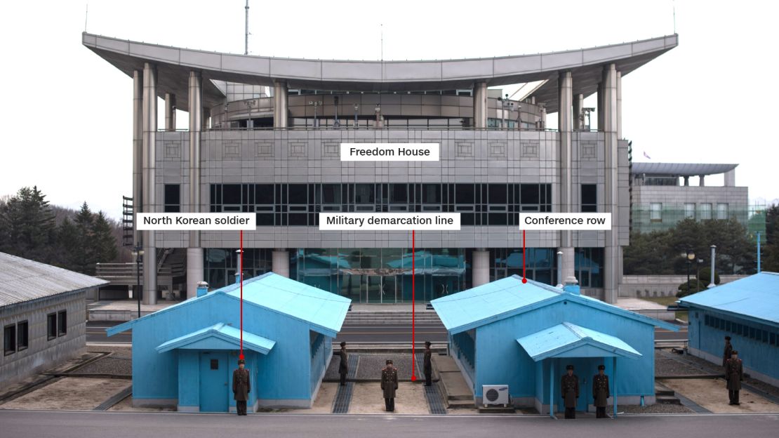 View from North Korea side of the Demilitarized Zone earlier this year, at Panmungak, looking towards Freedom House.
