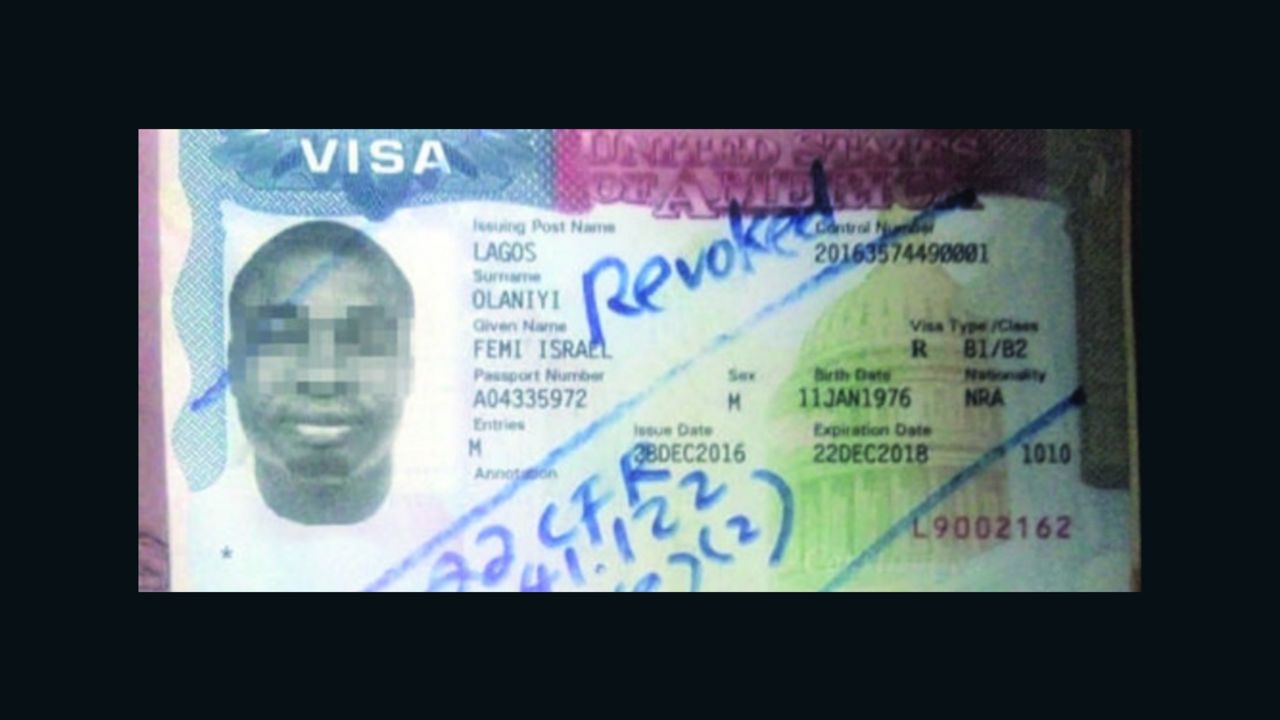 Femi Olaniyi's cancelled US visa.