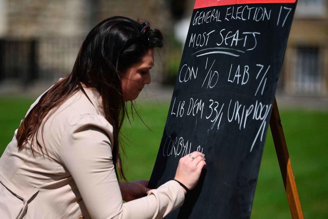 An employee from a betting company writes odds on a blackboard outside the Houses of Parliament.