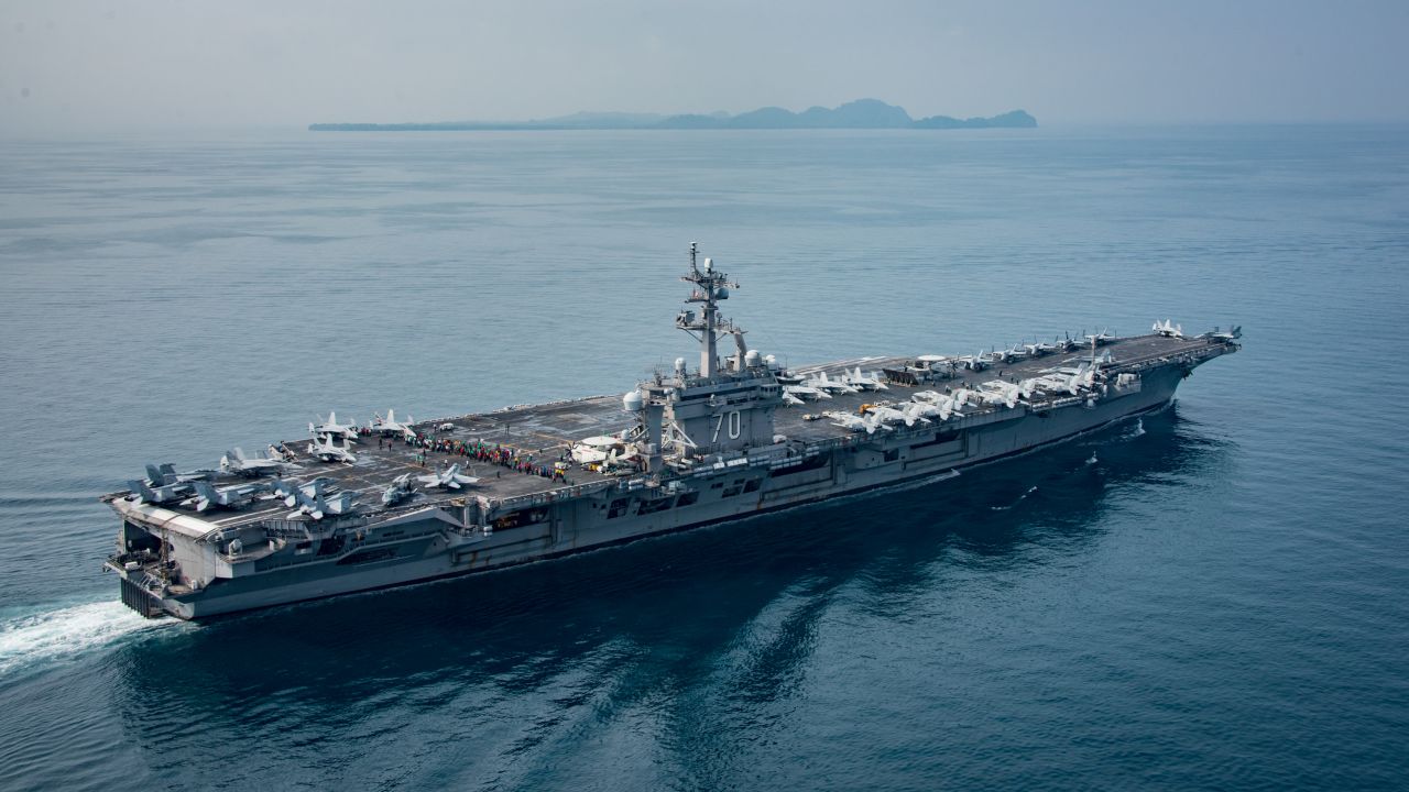 The aircraft carrier USS Carl Vinson transits the Sunda Strait in Indonesia in a US Navy photo dated April 15, 2017.