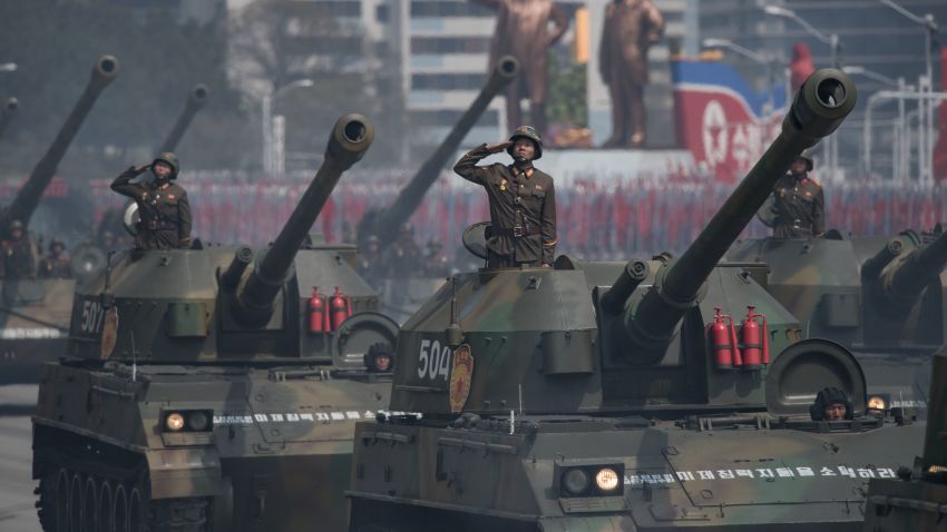 Korean People's Army (KPA) tanks are displayed during a military parade marking the 105th anniversary of the birth of late North Korean leader Kim Il-Sung, in Pyongyang on April 15, 2017.   / AFP PHOTO / ED JONES        (Photo credit should read ED JONES/AFP/Getty Images)