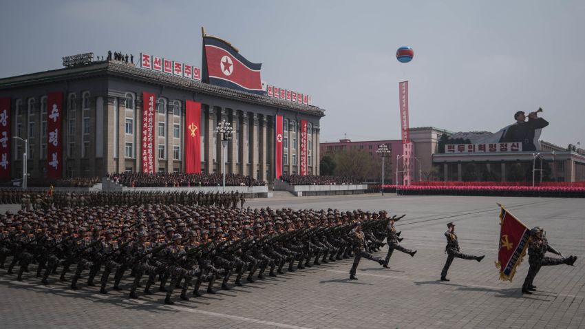 Korean People's Army (KPA) soldiers watch a military parade marking the 105th anniversary of the birth of late North Korean leader Kim Il-Sung, in Pyongyang on April 15, 2017. / AFP PHOTO / ED JONES (Photo credit should read ED JONES/AFP/Getty Images)
