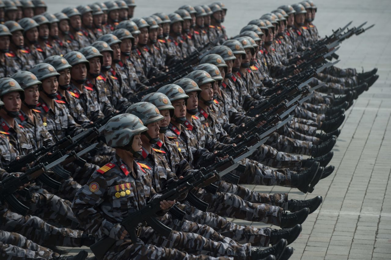 <strong>Korean People's Army (KPA) soldiers march on Kim Il Sung sqaure during a military parade in Pyongyang on April 15, 2017. North Korea trails only China, the US and India in the number of people in the military.</strong>