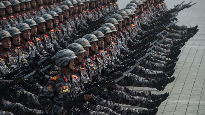 Korean People's Army (KPA) soldiers march on Kim Il-Sung sqaure during a military parade marking the 105th anniversary of the birth of late North Korean leader Kim Il-Sung, in Pyongyang on April 15, 2017.  / AFP PHOTO / ED JONES        (Photo credit should read ED JONES/AFP/Getty Images)