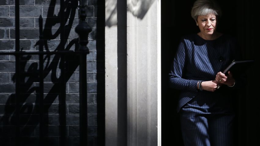 British Prime Minister Theresa May walks out of 10 Downing Street to speak to media in central London on April 18, 2017.
British Prime Minister Theresa May called today for an early general election on June 8 in a surprise announcement as Britain prepares for delicate negotiations on leaving the European Union. / AFP PHOTO / Daniel LEAL-OLIVAS        (Photo credit should read DANIEL LEAL-OLIVAS/AFP/Getty Images)