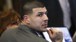 BOSTON, MA - MARCH 2: Former New England Patriots tight end Aaron Hernandez  sits at the defense table during his double murder trial at Suffolk Superior Court in Boston on Mar. 2, 2017. Hernandez is charged in the July 2012 killings of Daniel de Abreu and Safiro Furtado who he encountered in a Boston nightclub. The former NFL football player already is serving a life sentence in the 2013 killing of semi-professional football player Odin Lloyd. (Photo by Keith Bedford/The Boston Globe via Getty Images)