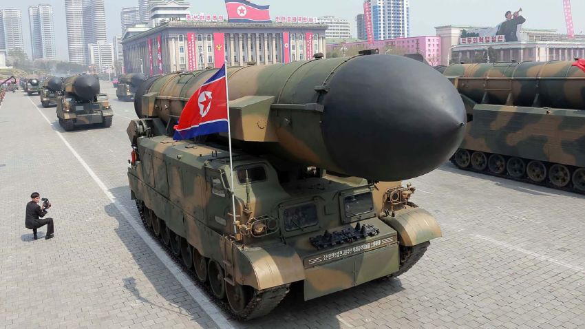 On April 16, 2017 shows Korean People's ballistic missiles being displayed through Kim Il-Sung square during a military parade in Pyongyang marking the 105th anniversary of the birth of late North Korean leader Kim Il-Sung.