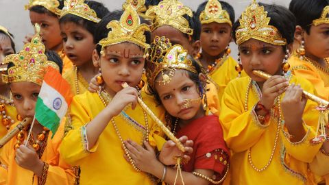 School children dressed as Hindu God Lord Krishna and Radha reenact the Mahabharata mythology in Amritsar, India.