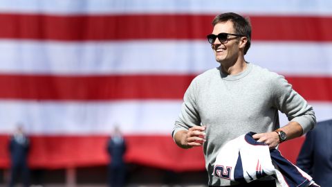 Brady throws out the first pitch in a baseball game between the Boston Red Sox and the Pittsburgh Pirates in April 2017.