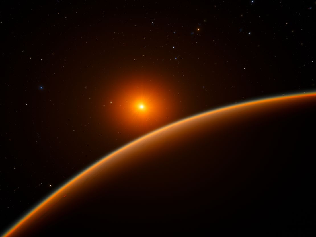 This artist's impression shows the exoplanet LHS 1140b, which orbits a red dwarf star 40 light-years from Earth.