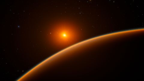 This artist's impression shows the exoplanet LHS 1140b, which orbits a red dwarf star 40 light-years from Earth.