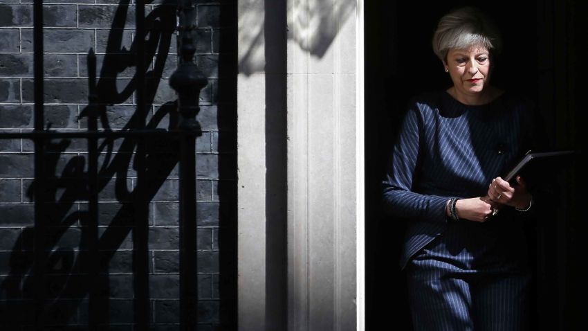 TOPSHOT - British Prime Minister Theresa May walks out of 10 Downing Street to speak to media in central London on April 18, 2017.British Prime Minister Theresa May called today for an early general election on June 8 in a surprise announcement as Britain prepares for delicate negotiations on leaving the European Union. / AFP PHOTO / Daniel LEAL-OLIVAS        (Photo credit should read DANIEL LEAL-OLIVAS/AFP/Getty Images)