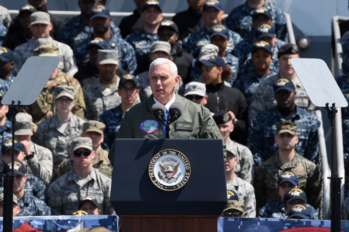 US Vice President Mike Pence speaks to US and Japanese soldiers onboard USS Ronald Reagan at the US Naval base in Yokosuka, April 19. 