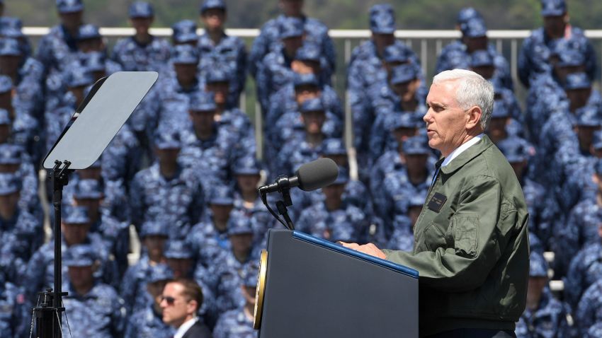 US Vice President Mike Pence delivers a speech before US and Japanese soldiers onboard USS Ronald Reagan at the US Naval base in Yokosuka on April 19, 2017. / AFP PHOTO / Toshifumi KITAMURA        (Photo credit should read TOSHIFUMI KITAMURA/AFP/Getty Images)