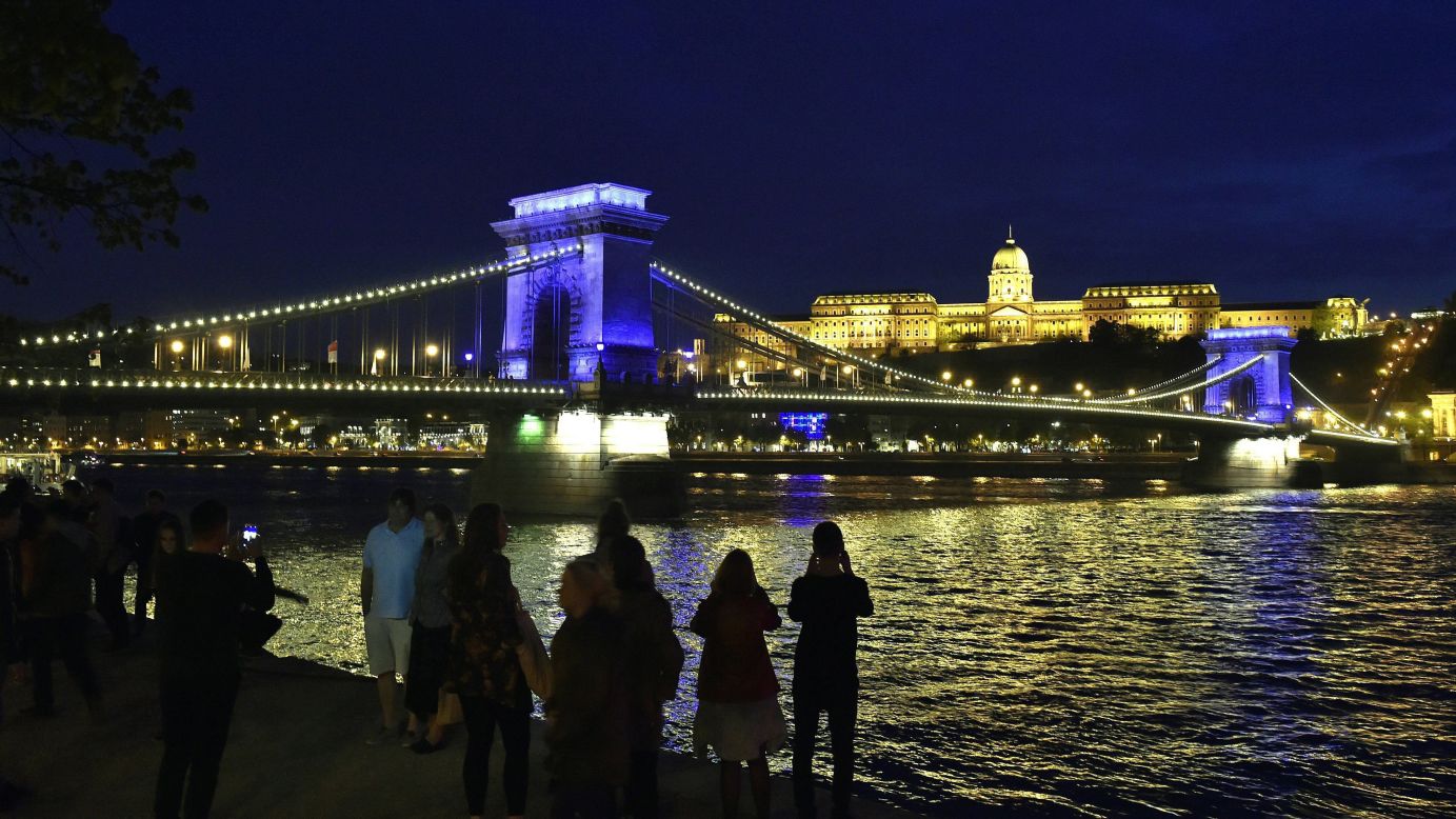 <strong>Budapest, Hungary:</strong> The blue lights on Budapest's Chain Bridge signal that the city has been chosen to host the FINA World Aquatics Championships 2017 this July.