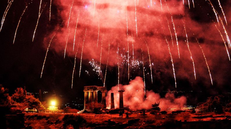 <strong>Corinth, Greece:</strong> Fireworks over the Temple of Appolo celebrate the arrival of Easter on the Greek Orthodox calendar.