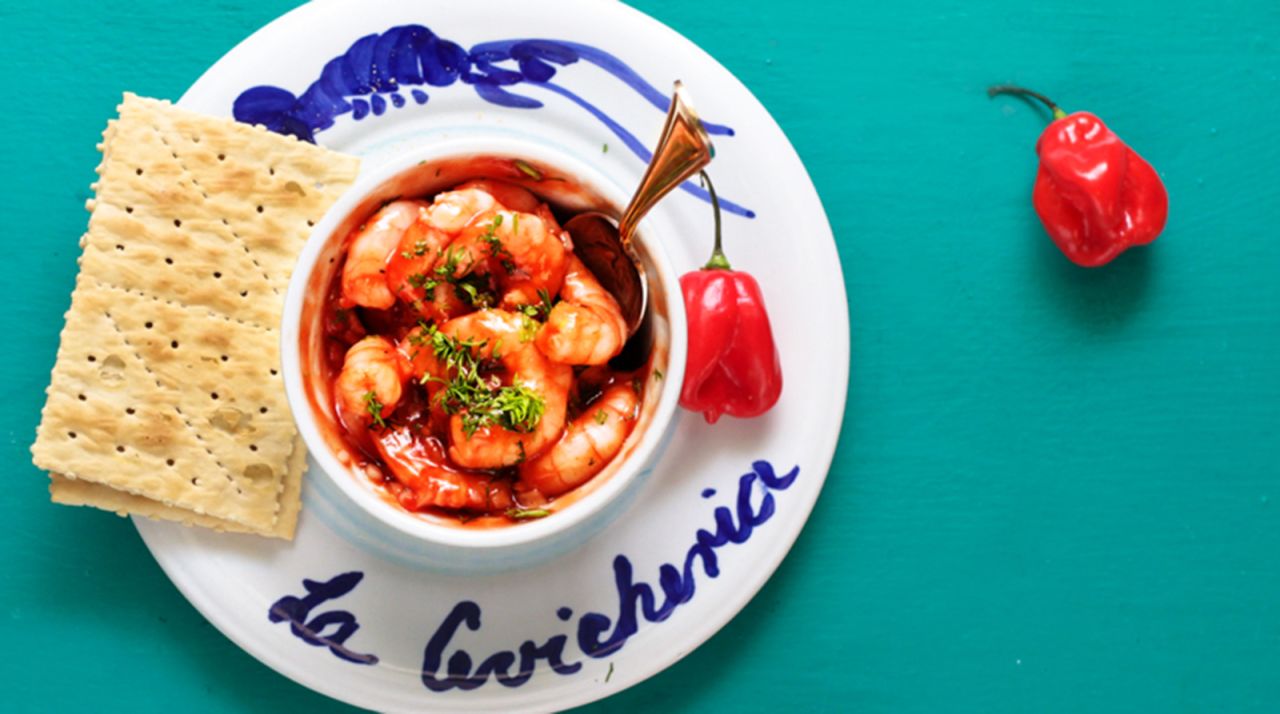 <strong>La Cevicheria:</strong> These king prawns sit in a spicy tomato sauce.