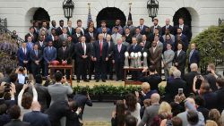 U.S. President Donald Trump poses for photographs with the New England Patriots during a celebration of the team's Super Bowl victory on the South Lawn at the White House April 19, 2017 in Washington, DC. It was the team's fifth Super Bowl victory since 1960.  (Photo by Chip Somodevilla/Getty Images)