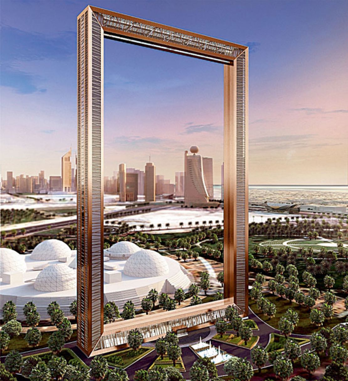 A digitalized image of what the Dubai Frame will look like once construction is completed.
