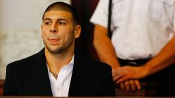 NORTH ATTLEBORO, MA - AUGUST 22: Aaron Hernandez sits in the courtroom of the Attleboro District Court during his hearing on August 22, 2013 in North Attleboro, Massachusetts. Former New England Patriot Aaron Hernandez has been indicted on a first-degree murder charge for the death of Odin Lloyd. (Photo by Jared Wickerham/Getty Images)