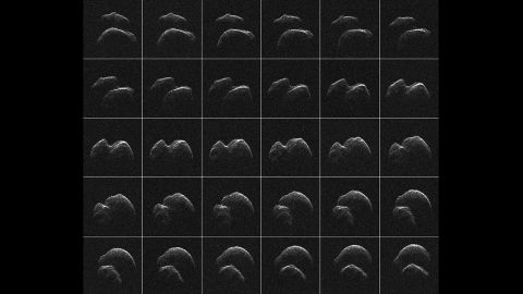 Asteroid 2014 JO25 was imaged by radar from NASA's Goldstone Deep Space Communications Complex in California one day before its closest approach to Earth. A grid composed of 30 images shows the two-lobed asteroid in different rotations. The space rock passed Earth on April 19, 2017, at a distance of 1.1 million miles (1.8 million kilometers).