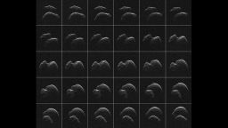 Explanation: A day before its closest approach, asteroid 2014 JO25 was imaged by radar with the 70-meter antenna of NASA's Goldstone Deep Space Communications Complex in California. This grid of 30 radar images, top left to lower right, reveals the two-lobed shape of the asteroid that rotates about once every five hours. Its largest lobe is about 610 meters across. On the list of Potentially Hazardous Asteroids, this space rock made its close approach to our fair planet on April 19, flying safely past at a distance of 1.8 million kilometers. That's over four times the distance from the Earth to the Moon. The asteroid was a faint and fast moving speck visible in backyard telescopes. Asteroid 2014 JO25 was discovered in May 2014 by the Catalina Sky Survey, a project of NASA's Near-Earth Objects Observations Program in collaboration with the University of Arizona.