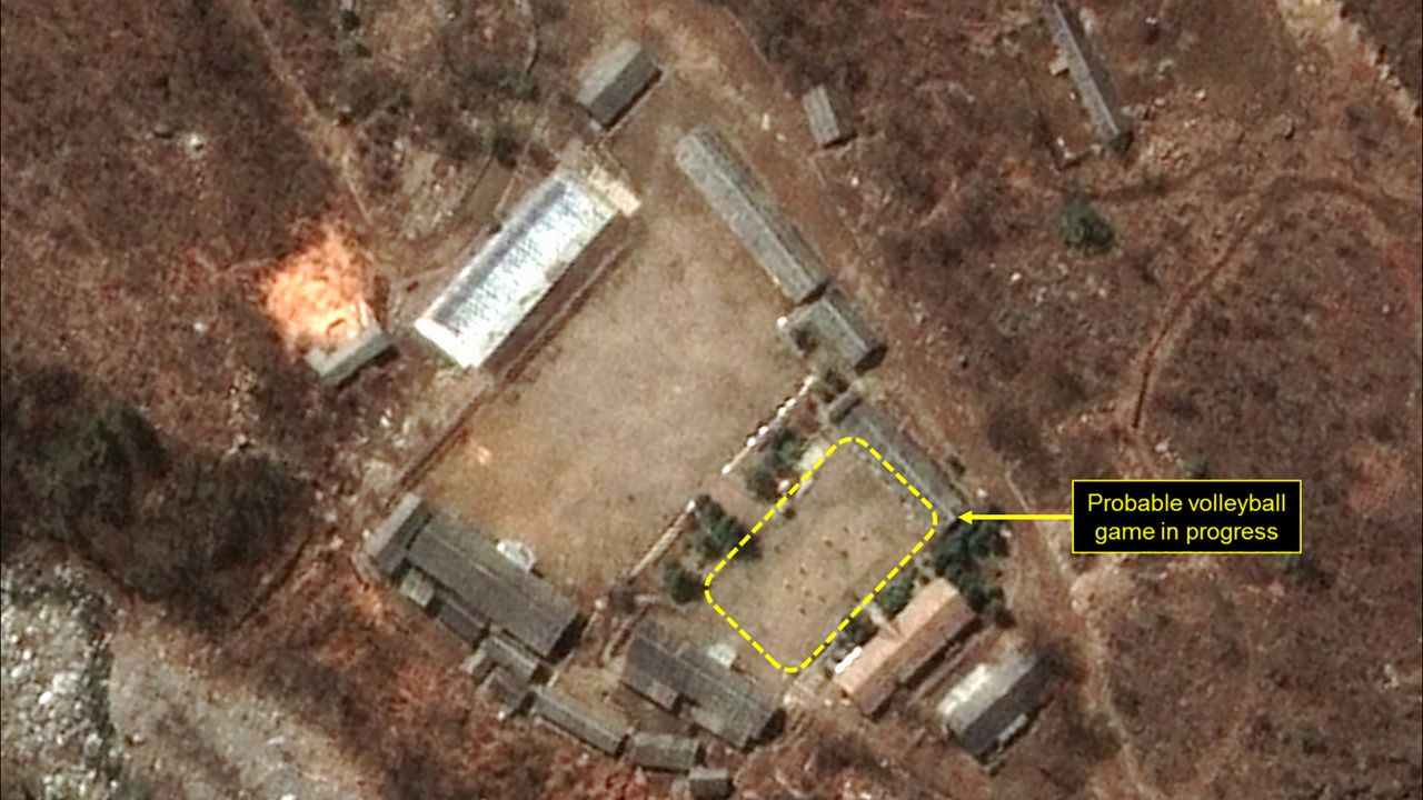 A satellite image showing a "probable volleyball game" seen at the main administrative area of North Korea's Punggye-ri nuclear test site.