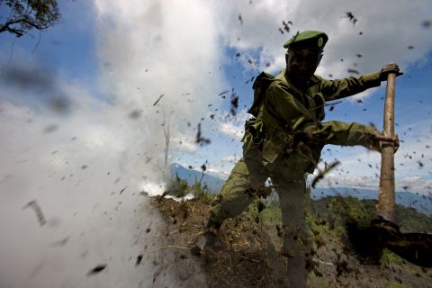 Pictured here, rangers destroy an illegal charcoal kiln while conducting an anti-charcoal patrol in the Kibati region of Virunga National Park, in 2008. <br /><br />There were eight active charcoal kilns in an area where the forest had been cut to the ground and trees burnt for charcoal production. 