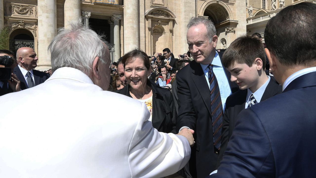 Pope Francis greets Bill O'Reilly on Wednesday, April 19, after his weekly general audience in St. Peter's Square, Vatican City. O'Reilly's 21-year career at Fox News <a href="http://money.cnn.com/2017/04/19/media/bill-oreilly-out-fox-news/index.html" target="_blank">came to a sudden end</a> after a number of sexual harassment allegations against the conservative host. "After a thorough and careful review of the allegations, the company and Bill O'Reilly have agreed that Bill O'Reilly will not be returning to the Fox News Channel," the company said.