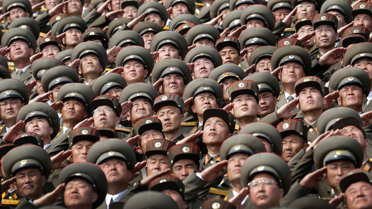 Soldiers salute during the national anthem at a military parade in Pyongyang, North Korea, on Saturday, April 15. The <a href="http://www.cnn.com/2017/04/14/asia/north-korea-day-of-the-sun/index.html" target="_blank">Day of the Sun</a> is an annual public holiday in the country, marking the birth anniversary of Kim Il Sung, North Korea's late founder and grandfather of current ruler Kim Jong Un.