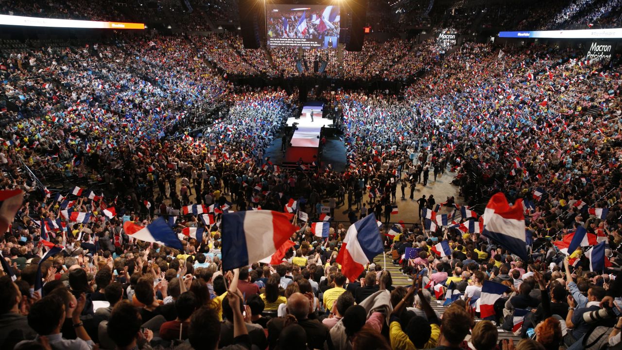 Supporters attend a campaign rally in Paris for French presidential candidate Emmanuel Macron on Monday, April 17. The <a href="http://edition.cnn.com/videos/world/2017/03/01/emmanuel-macron-aiming-to-win-the-presidency.cnn" target="_blank">centrist</a> 39-year-old former investment banker is the biggest surprise in the <a href="http://www.cnn.com/2017/04/20/europe/guide-to-french-election-trnd/index.html" target="_blank">five-person field</a>.