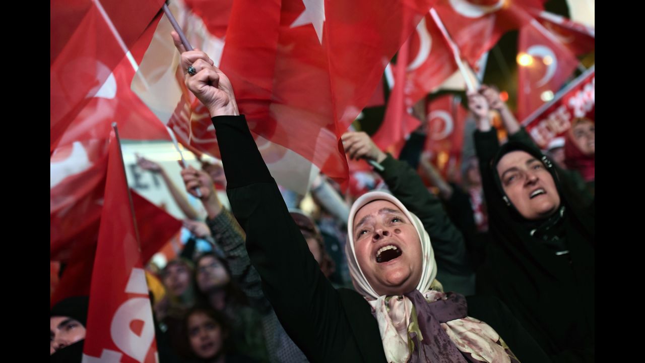 A supporter of Turkish President Recep Tayyip Erdogan celebrates in Istanbul during a rally near the conservative Justice and Development Party headquarters on Sunday, April 16. Turkish voters <a href="http://www.cnn.com/2017/04/17/europe/turkey-referendum-explainer/index.html" target="_blank">passed a constitutional referendum</a> that will transform the country's parliamentary system into a powerful executive presidency. The plan gives Erdogan sweeping and largely unchecked powers; <a href="http://www.cnn.com/2017/04/18/europe/erdogan-turkey-interview/" target="_blank">Erdogan insists</a> the reforms don't make him a dictator.