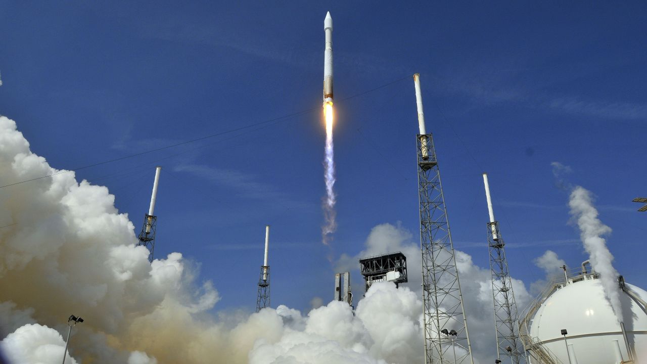 An Atlas V rocket at the Cape Canaveral Air Force Station lifts off in Cape Canaveral, Florida, on Tuesday, April 18. The rocket was carrying cargo for the International Space Station.