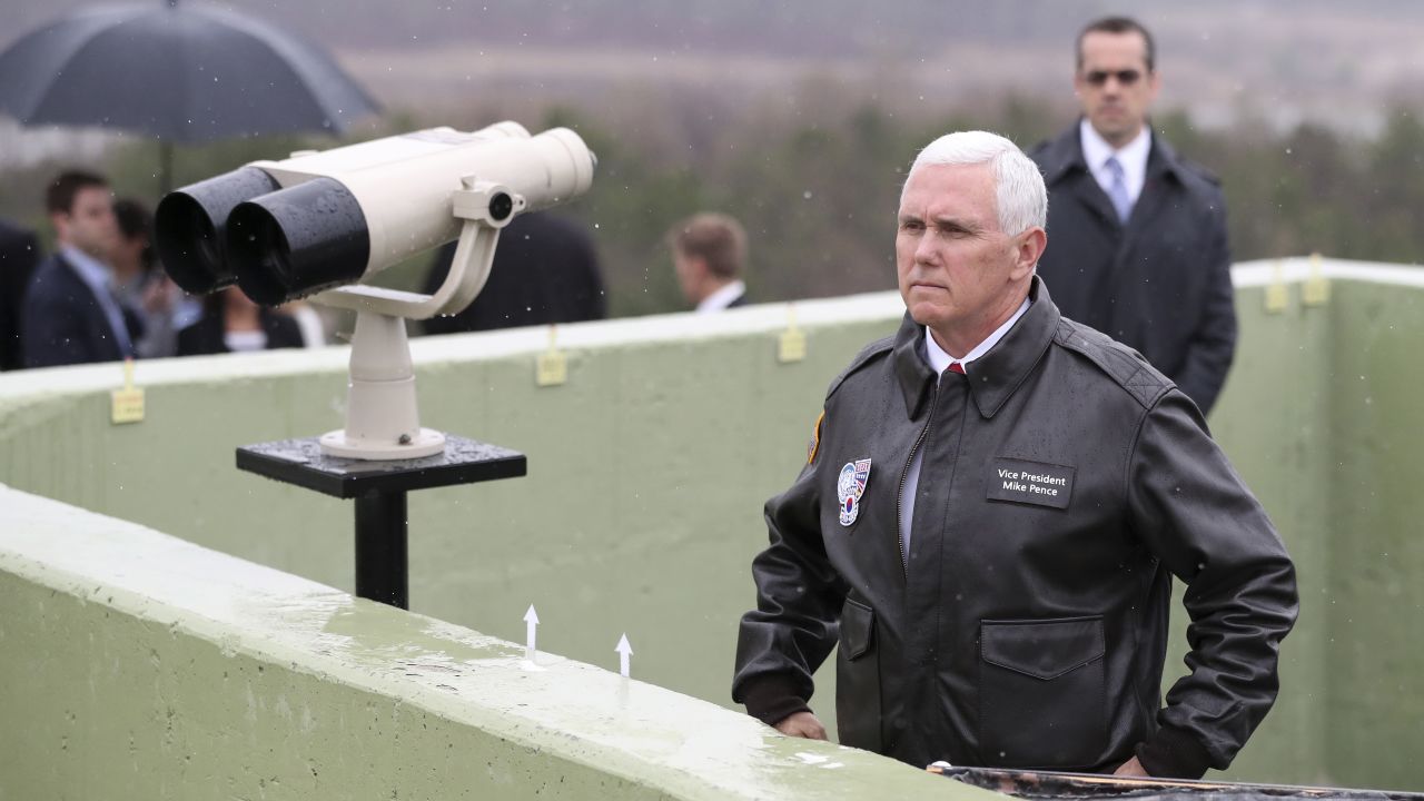 US Vice President Mike Pence looks toward the North on Monday, April 17, while visiting the Observation Post Ouellette near the Korean border village of Panmunjom. <a href="http://www.cnn.com/2017/04/16/politics/us-north-korea-dmz-vice-president-pence/" target="_blank">Pence visited</a> a military base near the Demilitarized Zone a day after North Korea conducted a <a href="http://www.cnn.com/2017/04/15/asia/north-korea-missile-test/index.html" target="_blank">failed missile launch</a>.
