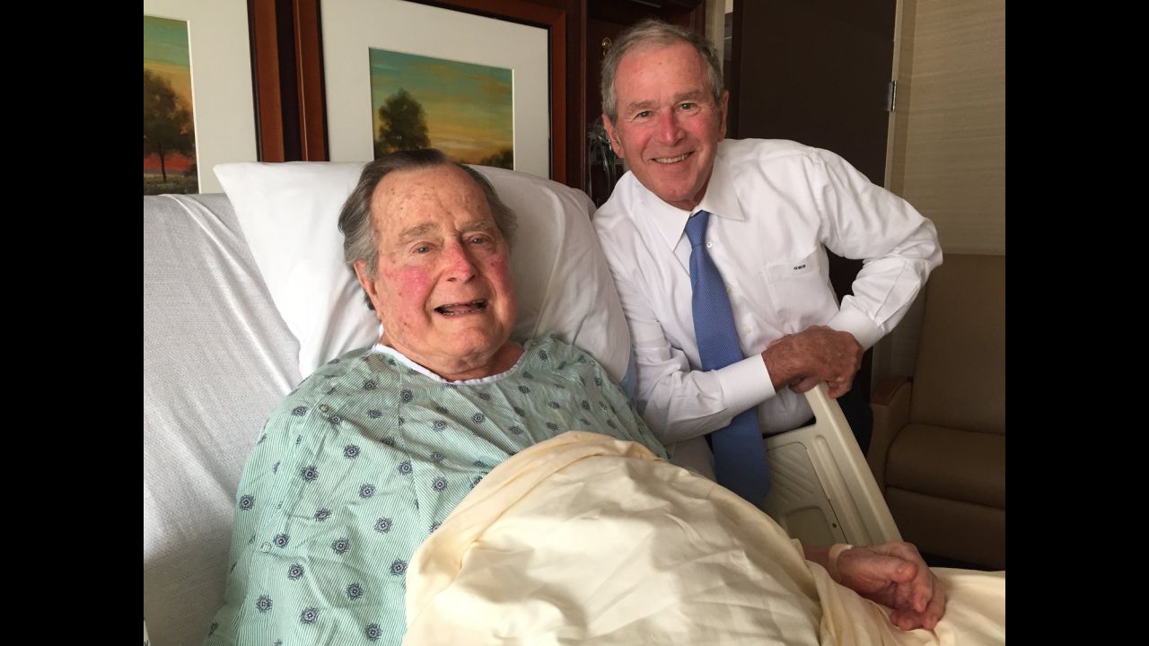 Former President George H.W. Bush <a href="https://twitter.com/GeorgeHWBush/status/855205906019176448" target="_blank" target="_blank">posted this photo to Twitter</a> on Thursday, April 20. Bush was <a href="http://www.cnn.com/2017/04/18/politics/george-hw-bush-hospitalized/" target="_blank">admitted to a Houston hospital for pneumonia</a> earlier in the week. "Big morale boost from a high level delegation. No father has ever been more blessed, or prouder," he wrote about the photo, which shows his son, former President George W. Bush, by his side.
