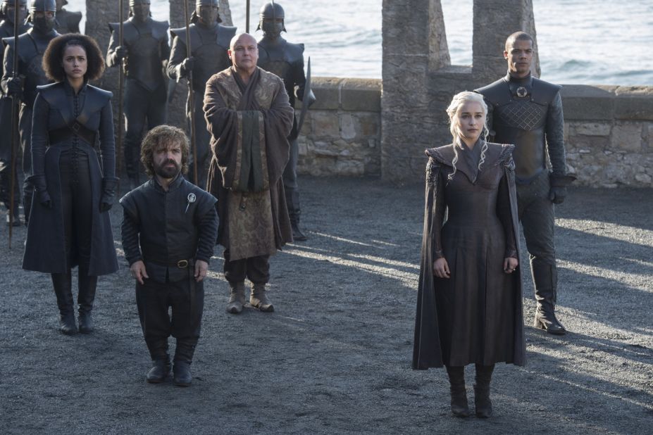 (Left to Right) Nathalie Emmanuel as Missandei, Peter Dinklage as Tyrion Lannister, Conleth Hill as Varys, Emilia Clarke as Daenerys Targaryen and Jacob Anderson as Grey Worm 
