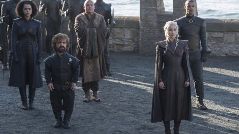 (Left to Right) Nathalie Emmanuel as Missandei, Peter Dinklage as Tyrion Lannister, Conleth Hill as Varys, Emilia Clarke as Daenerys Targaryen, and Jacob Anderson as Grey Worm