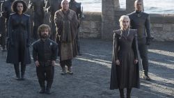 (Left to Right) Nathalie Emmanuel as Missandei, Peter Dinklage as Tyrion Lannister, Conleth Hill as Varys, Emilia Clarke as Daenerys Targaryen, and Jacob Anderson as Grey Worm 
