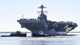 In this handout photo provided by the U.S. Navy, the aircraft carrier Pre-Commissioning Unit Gerald R. Ford departs Huntington Ingalls Industries Newport News Shipbuilding for builder's sea trials off the U.S. East Coast on April 8, 2017 in Newport News, Virginia. The first-of-class ship, the first new U.S. aircraft carrier design in 40 years, will spend several days conducting builder's sea trials, a comprehensive test of many of the ship's key systems and technologies.