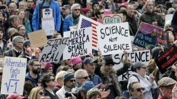 Members of the scientific community, environmental advocates, and supporters demonstrate Sunday, Feb. 19, 2017, in Boston, to call attention to what they say are the increasing threats to science and scientific research under the administration of President Donald Trump. (AP Photo/Steven Senne)