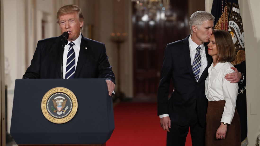 Trump speaks in the East Room of the White House as he announces Neil Gorsuch <a href="http://www.cnn.com/2017/01/31/politics/donald-trump-supreme-court-nominee/" target="_blank">as his Supreme Court nominee</a> on Tuesday, January 31. Gorsuch -- at right with his wife, Louise -- would replace Justice Antonin Scalia, who died last year.