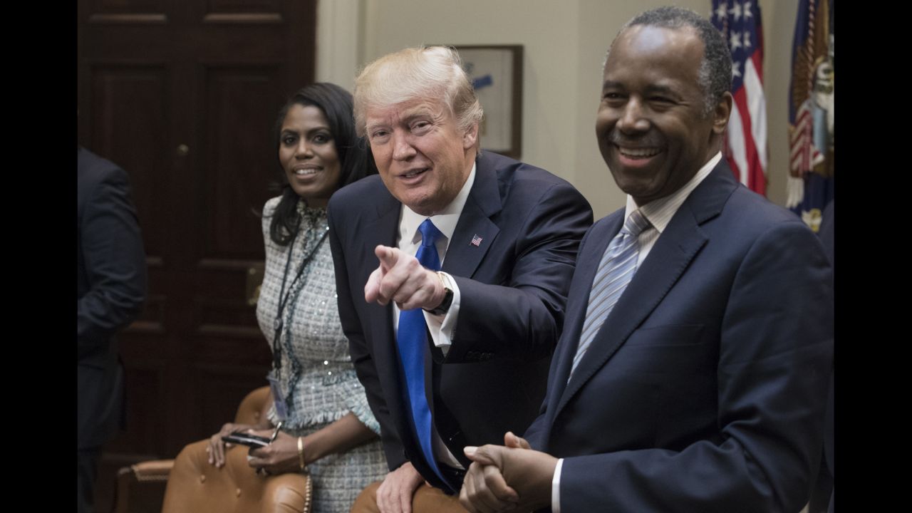 Trump <a href="http://www.cnn.com/2017/02/01/politics/african-american-meeting-donald-trump-frederick-douglass/" target="_blank">met with several African-American leaders</a> for a listening session to kick off Black History Month on Wednesday, February 1. Trump was seated between Ben Carson, his nominee to head the Department of Housing and Urban Development, and Omarosa Manigault, a former "Apprentice" contestant who is now part of the administration.