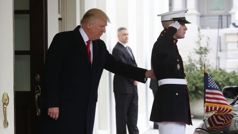 Trump waits at the White House before greeting Iraqi Prime Minister Haider al-Abadi on Monday, March 20.