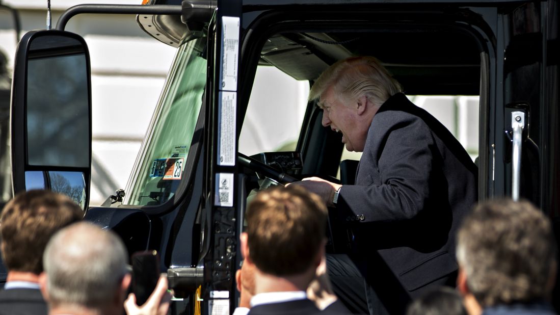 The President <a href="http://www.cnn.com/videos/politics/2017/03/23/trump-gets-in-truck-cab-jpm-orig-mobile.cnn" target="_blank">pretends to drive a tractor-trailer</a> during a White House event with truckers and truck industry executives on Thursday, March 23.