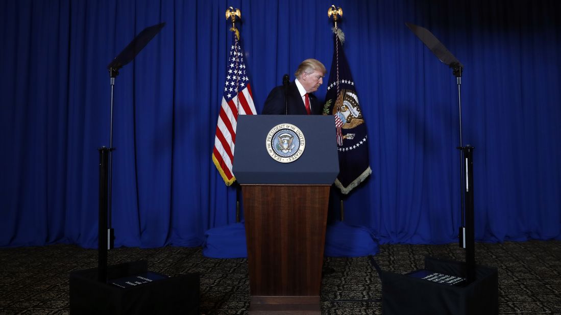 Trump walks away from the lectern after <a href="http://www.cnn.com/2017/04/06/politics/donald-trump-syria-military/" target="_blank">announcing the missile strike in Syria</a> on April 6. "It is in this vital national security of the United States to prevent and deter the spread and use of deadly chemical weapons," Trump said.