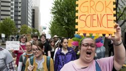 US citizens living in Japan carrying signs and chanting slogans during the March for Science in Tokyo on Earth Day, April 22.