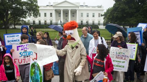 Members of the Union for Concerned Scientists with Muppet character Beaker protest in front of The White House in Washington D.C., before heading to the National Mall for the March for Science.