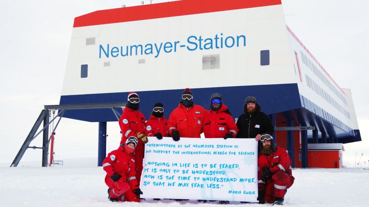 Scientists at the Neumayer Station in Antarctica take part in the March for Science on April, 22.  