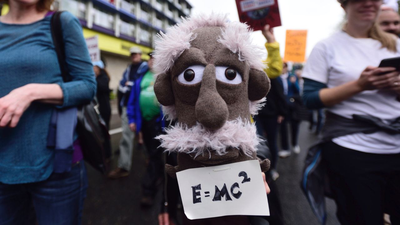 A woman holds a puppet of Albert Einstein during the March for Science in Portland, Oregon, on Saturday, April 22. Thousands turned out in cities around the world to protest President Donald Trump's policies, and to stand up for science.